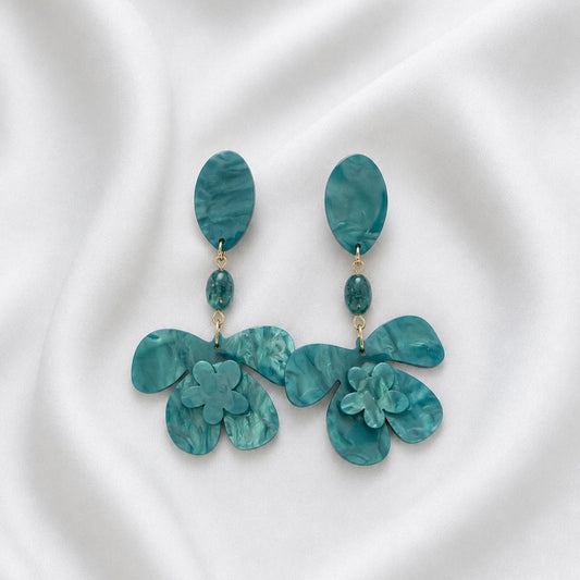 Aro flor nácar doble azul petróleo - Piedra natural: Jade azul -  67 mm
