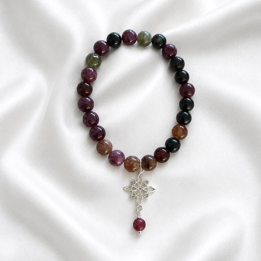 Pulsera elasticada con nudo - Piedra natural: Jade turmalina