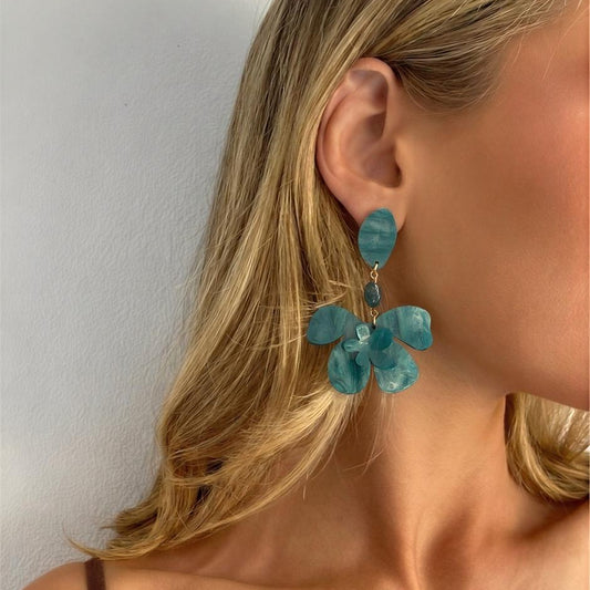 Aro flor nácar doble azul petróleo - Piedra natural: Jade azul -  67 mm