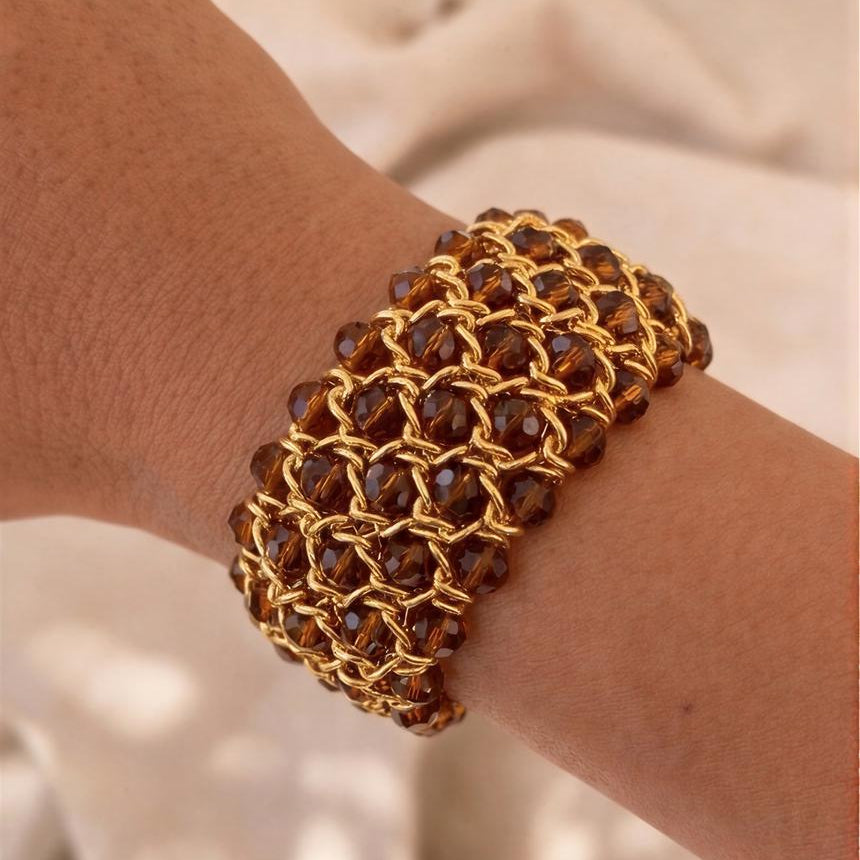 Brazalete elasticado de cristal facetado café