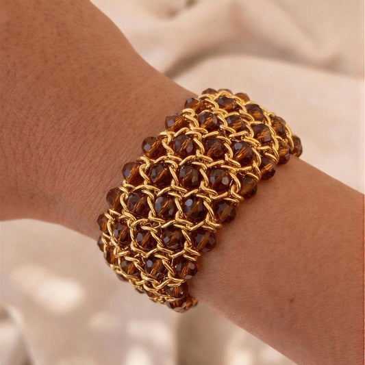 Brazalete elasticado de cristal facetado café