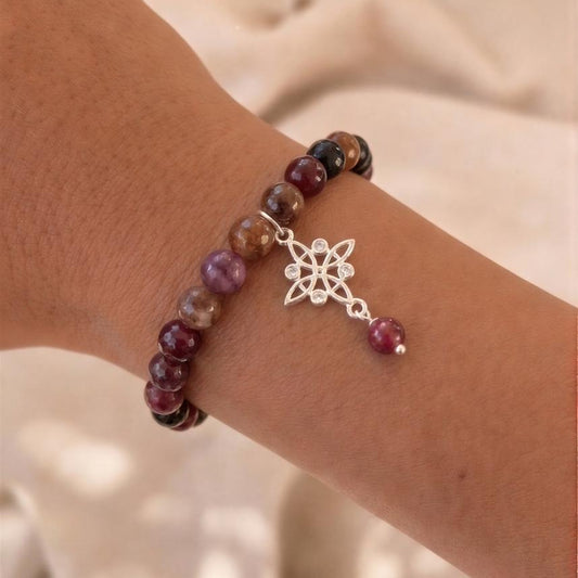 Pulsera elasticada con nudo - Piedra natural: Jade turmalina
