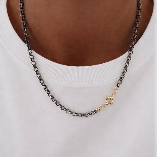 Collar plata envejecida rolo con broche timón - 47 cm
