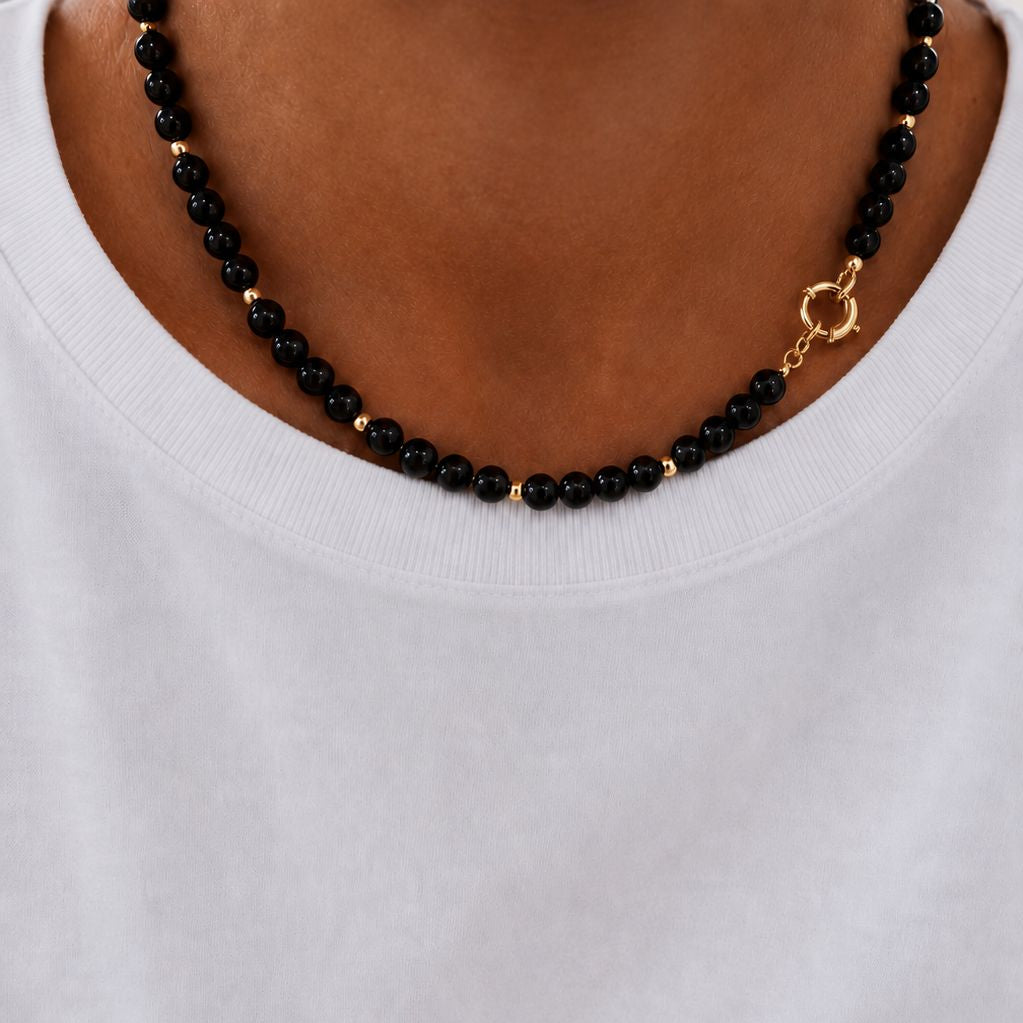 Collar Broche timón - Piedra natural: ónix negro 8 mm - 47 cm