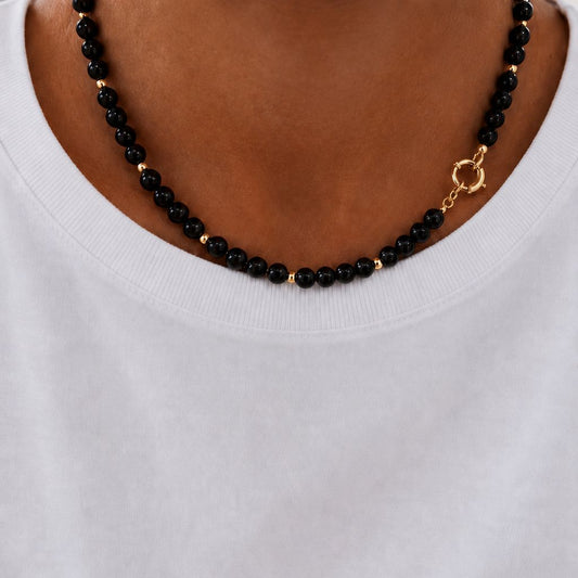 Collar Broche timón - Piedra natural: ónix negro 8 mm - 47 cm