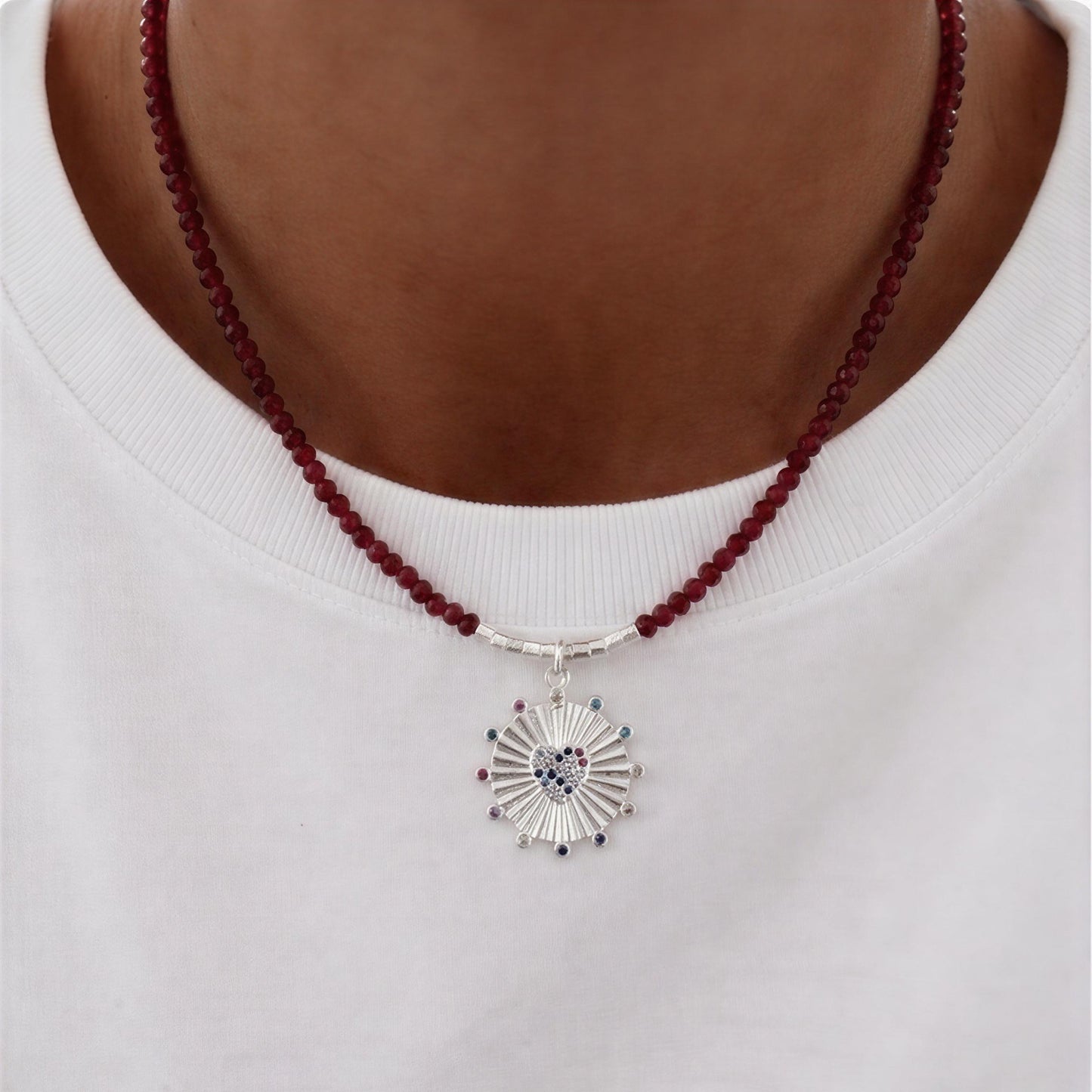 Choker micro cristal burdeo - Corazón circón - 38 cm