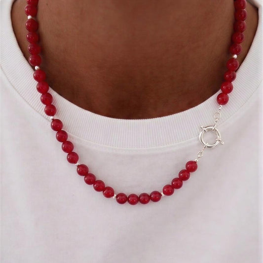 Collar Broche timón - Piedra natural: Jade roja 8 mm - 47 cm