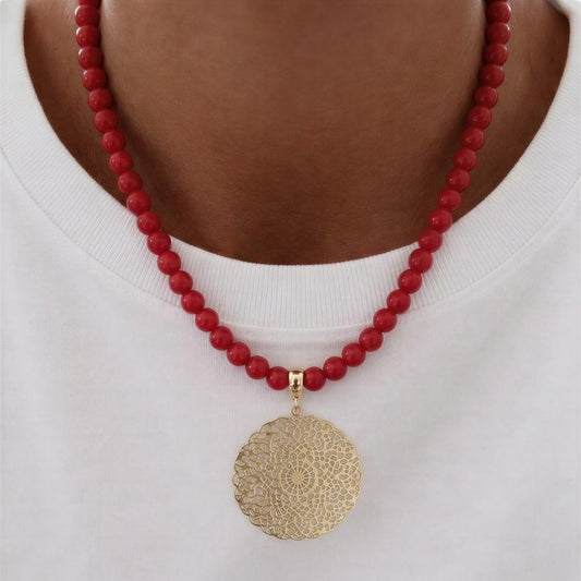 Collar con mandala - Piedra naturales: Jade rojo 8 mm -  50 cm