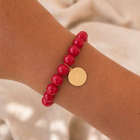 Pulsera elasticada - Padre nuestro - Piedra natural: Jade rojo 8 mm