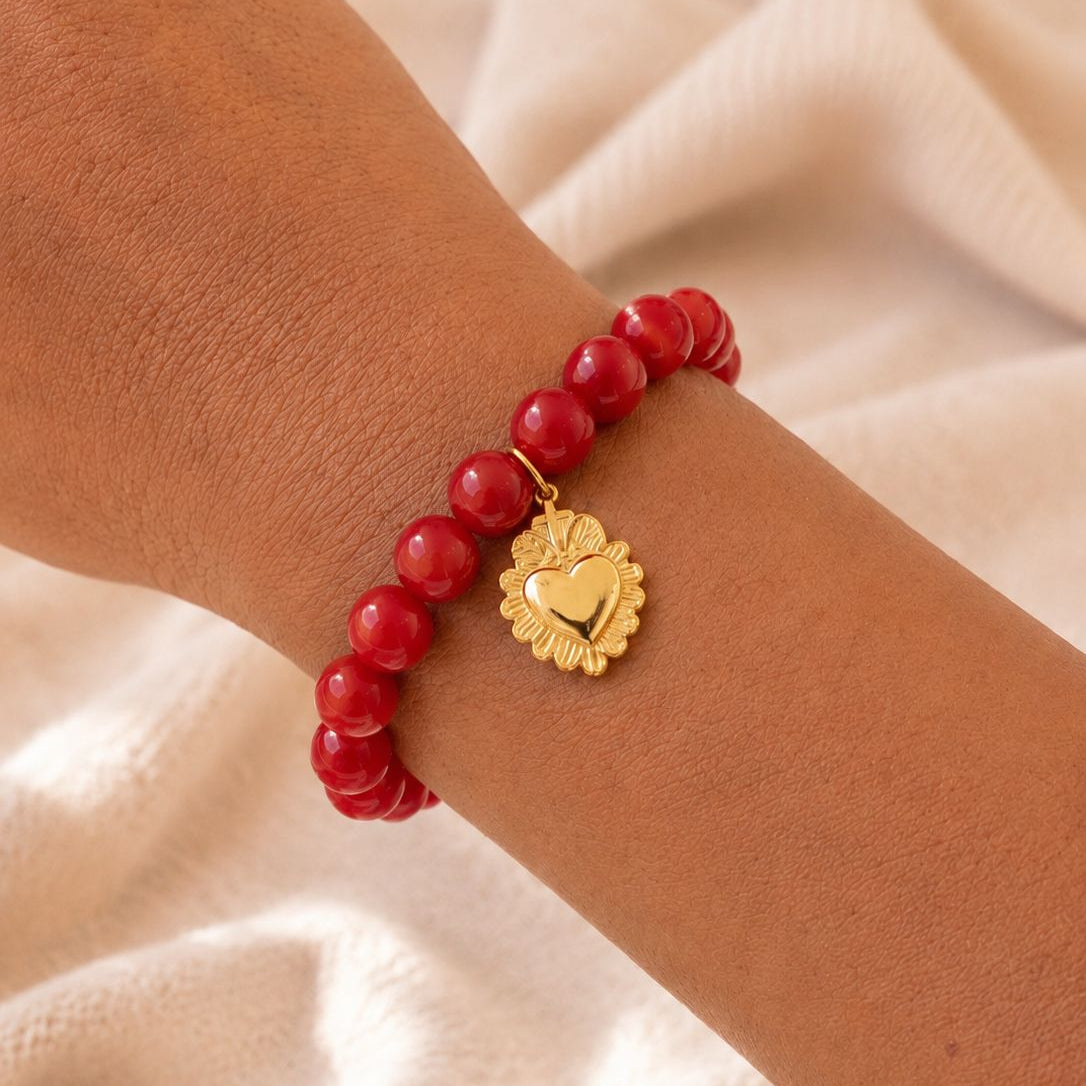 Pulsera elasticada - Corazón detente - Piedra natural: Jade rojo 8 mm