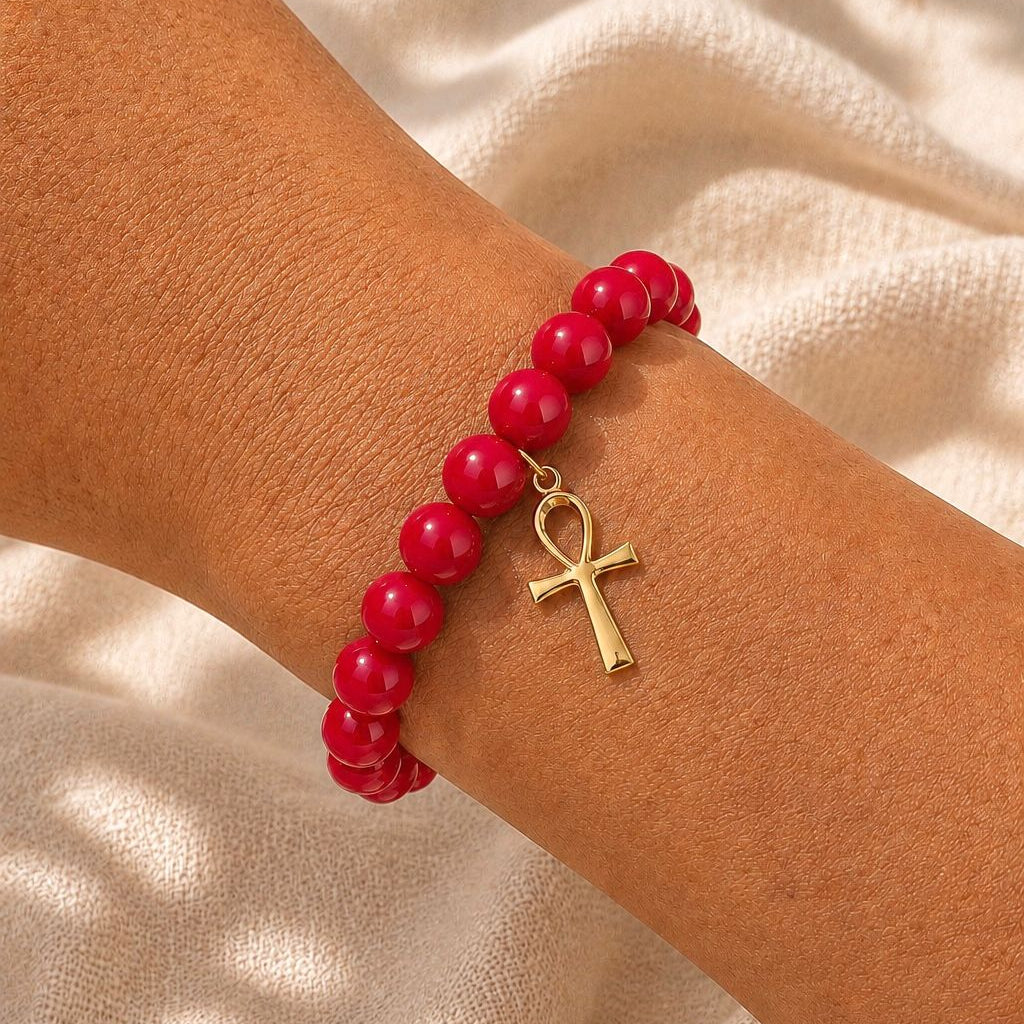 Pulsera elasticada - Cruz Egipcia - Piedra natural: Jade rojo 8 mm