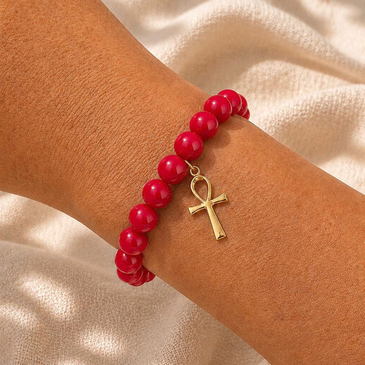 Pulsera elasticada - Cruz Egipcia - Piedra natural: Jade rojo 8 mm