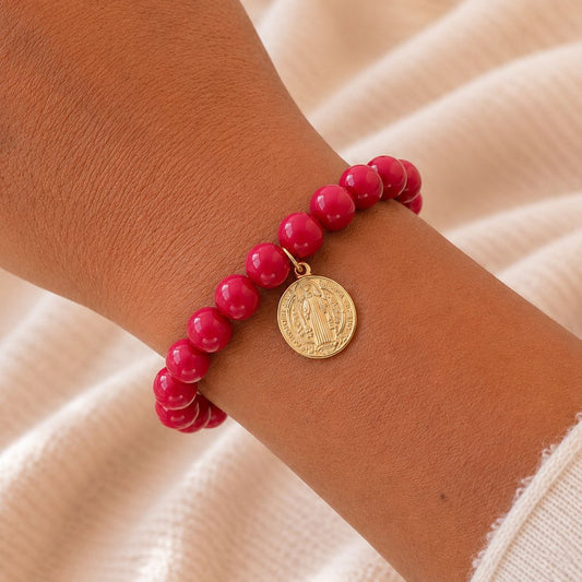 Pulsera elasticada - San Benito - Piedra natural: Jade rojo 8 mm
