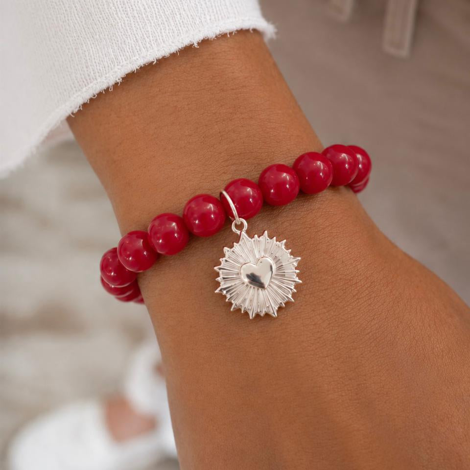 Pulsera elasticada - Corazón - Piedra natural: Jade rojo 8 mm