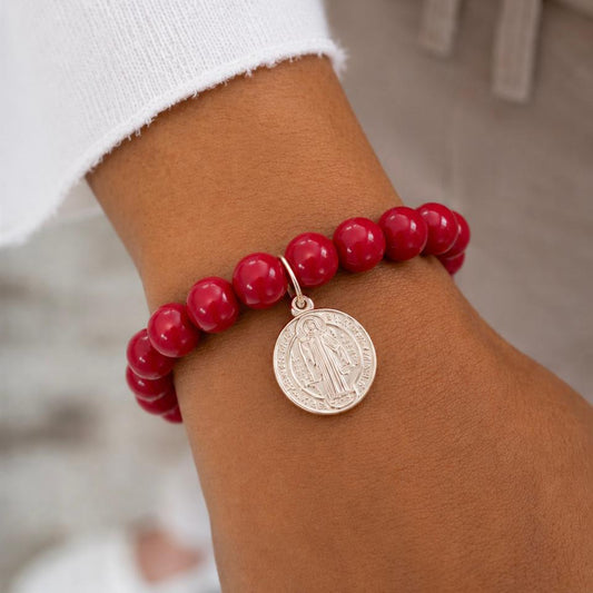 Pulsera elasticada - San Benito - Piedra natural: Jade rojo 8 mm
