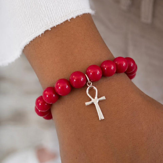 Pulsera elasticada - Cruz Egipcia - Piedra natural: Jade rojo 8 mm