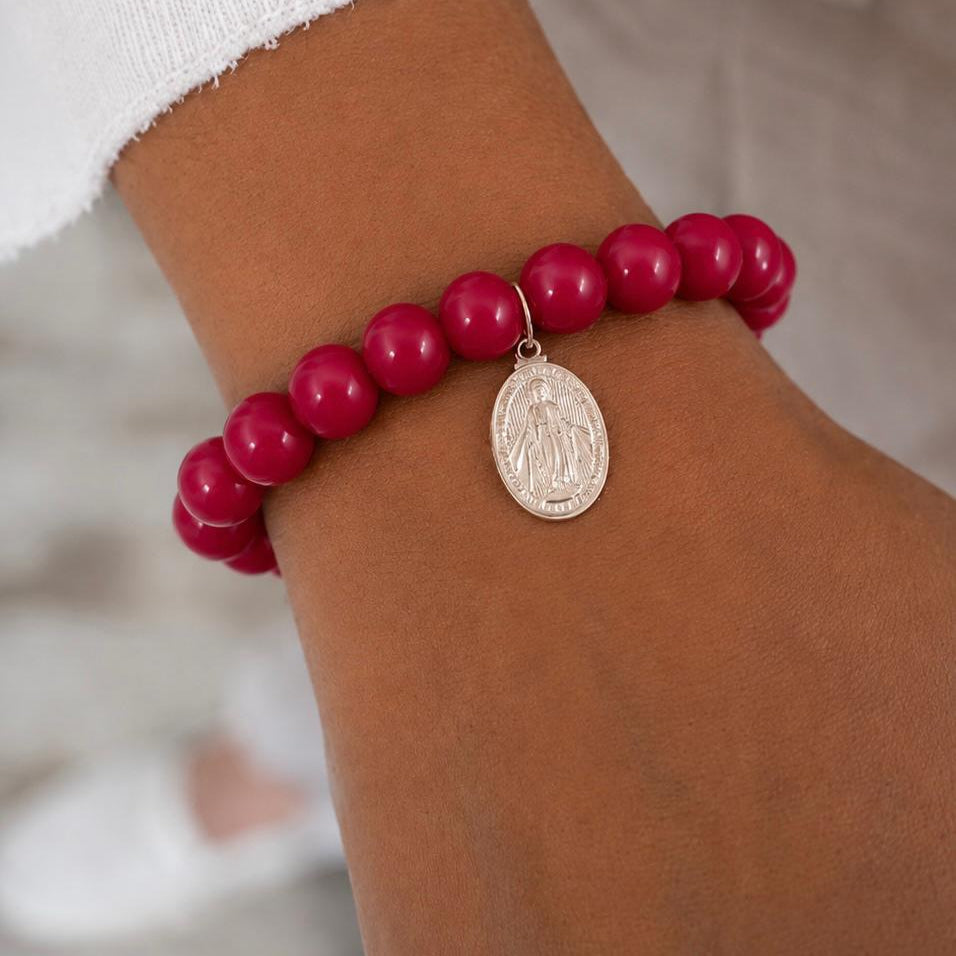 Pulsera elasticada - Virgen de los Rayos - Piedra natural: Jade rojo 8 mm