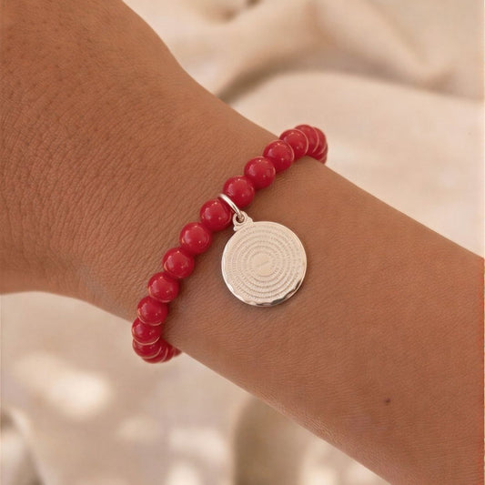 Pulsera elasticada - Padre nuestro - Piedra natural: Jade rojo 6 mm