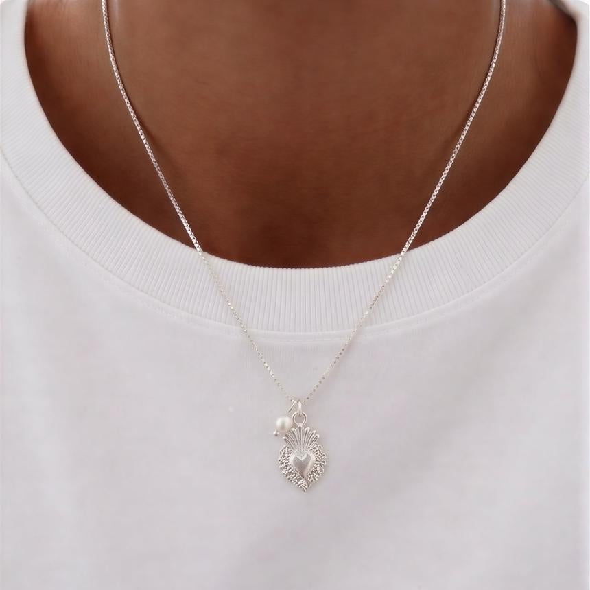 Collar veneciana con corazón pequeño - Micro perla de río - 45 cm