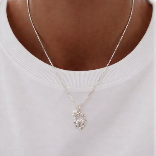Collar veneciana con corazón pequeño - Micro perla de río - 45 cm