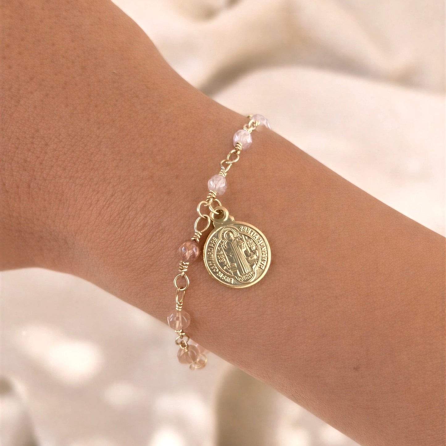 Pulsera entorchado - Piedra natural: Cuarzo rosa - 18 cm